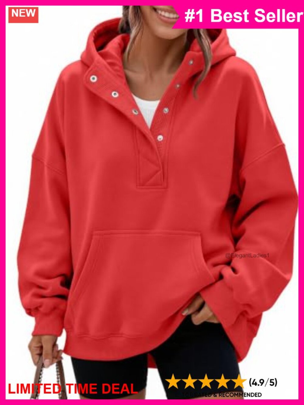 Oversized Fleece Hoodie Henley Snap Neck Pullover Sweatshirt Relaxed Fit